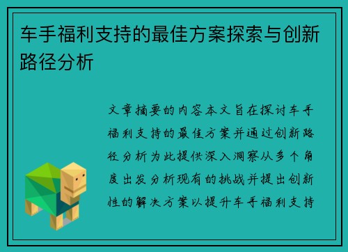 车手福利支持的最佳方案探索与创新路径分析