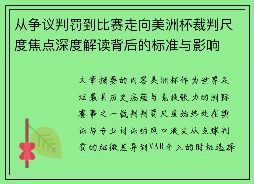从争议判罚到比赛走向美洲杯裁判尺度焦点深度解读背后的标准与影响